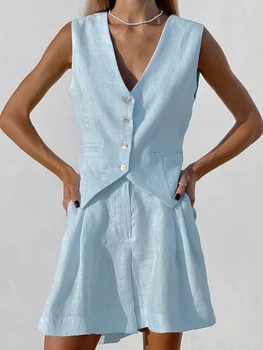 2023 Летние Комплекты белых льняных шорт, женские Комплекты из 2 предметов, Элегантные синие облегающие топы с V-образным вырезом, Модные хлопковые шорты с широкими штанинами, костюмы для отпуска