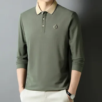2023 Новая мужская рубашка поло с отворотом и длинными рукавами, Модная мужская свободная футболка Поло с вышивкой, Универсальная