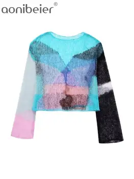 Aonibeier, Женский свободный свитер с цветным принтом, Traf 2023, Осенние открытые вязаные полупрозрачные пуловеры, женский укороченный топ Оверсайз,