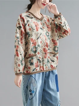 NYFS 2023, Весна-осень, Новые винтажные женские топы, свободная хлопковая льняная футболка с V-образным вырезом и длинным рукавом