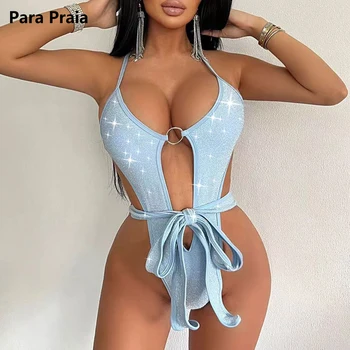 Para Praia, цельный купальник на бретелях, женский 2023, Сексуальные блестящие купальники, бандажный купальник для женщин, монокини с открытой спиной