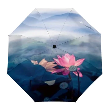 Автоматический зонт для пруда с лотосами и гор, портативный складной зонт от солнца и дождя, женский зонт-зонтик