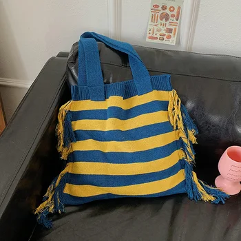 Вязаная сумочка ручной работы, женская сумочка с кисточками, шерстяной узел на запястье, японская повседневная цветная сумка-ведро, студенческие многоразовые сумки для покупок