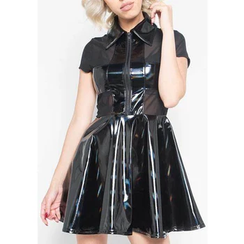 Готическое Мини-блестящее плиссированное платье, фетиш, ПВХ, Лоскутное платье с коротким рукавом, Сексуальное Черное сетчатое прозрачное платье, клубная одежда в стиле стимпанк