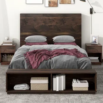 Деревянная кровать-платформа размера Queen Size со скамейкой для хранения из орехового дерева для мебели для спальни в помещении