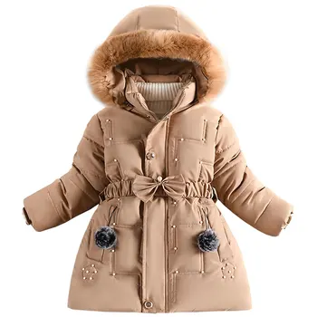 Детская зимняя куртка с утепленным теплым меховым воротником, толстовка с капюшоном, бусины, эластичный пояс, пуховик для девочек-подростков, модное ветрозащитное пальто