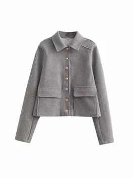 Женская Новая Модная Металлическая пряжка, Мягкая текстура, повседневная куртка, пальто, карманы с длинным рукавом, Женская верхняя одежда, Шикарная верхняя рубашка