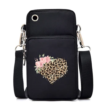 Женские сумки для мобильных телефонов с леопардовым сердечком и цветком, мини-женская сумочка-мессенджер, дамский кошелек, маленькие сумки через плечо.
