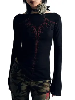 Женские футболки Y2K с готическим рисунком, повседневные футболки в стиле харадзюку с эстетичным цветочным рисунком, приталенная блузка 90-х, уличная одежда E-Girl