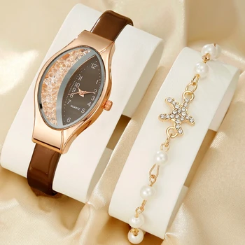 Женские часы из 2 предметов, роскошные Кожаные Аналоговые женские кварцевые наручные часы, Модные часы-браслет 2023 relogio feminino