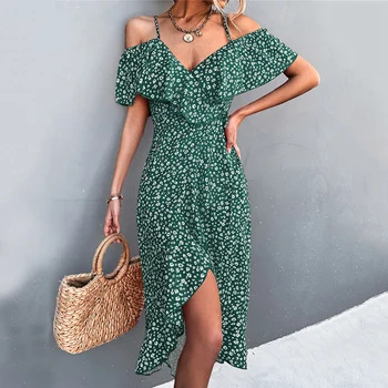 Женское весенне-летнее сексуальное платье на бретелях, дизайнерское женское зеленое платье с открытыми плечами и оборками, повседневные пляжные платья, женское платье с цветочным принтом