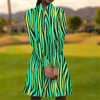 Женское платье для гольфа с длинным рукавом, осеннее новое удобное платье для фитнеса в разноцветную полоску, повседневное короткое платье для занятий спортом на открытом воздухе