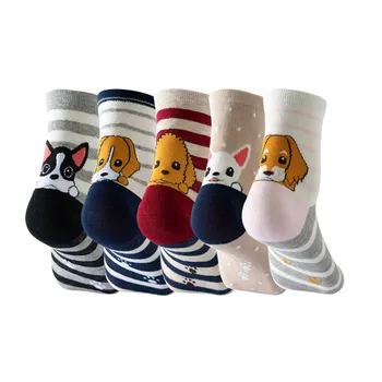Комплект из 5 пар Женских зимних носков в полоску с рисунком собаки, высококачественные хлопчатобумажные носки, женская одежда, мягкие Новые носки в носках
