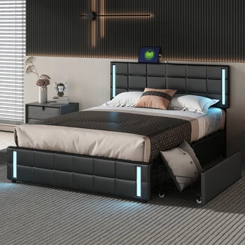 Кровать на платформе со светодиодной подсветкой и USB-зарядкой, кровать для хранения с 4 ящиками, черная