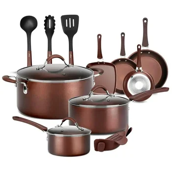 Кухонные принадлежности с антипригарным покрытием из 14 предметов, кастрюли и сковородки, высококачественная базовая кухонная посуда, коричневый