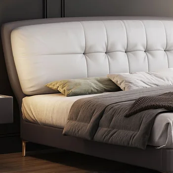 Легкая роскошная современная кожаная кровать, простая двуспальная кровать 1,5 / 1,8 м в главной спальне, высококачественная атмосферная мягкая упаковка, свадебная кровать