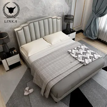 Легкая роскошная тканевая кровать в итальянском стиле, изготовленная на заказ на заказ простая вилла, главная кровать, главная спальня, тканевая двуспальная кровать из массива дерева