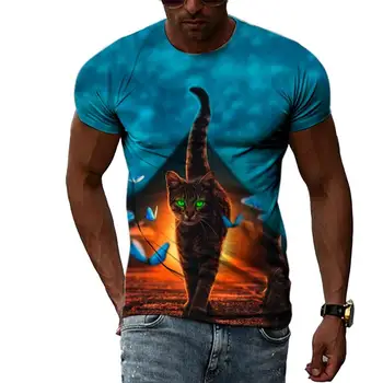 Летняя мужская модная футболка с коротким рукавом Animal Series Cat Cute 3D-принтом, большой круглый вырез, спортивная свободная повседневная футболка, легкая, тонкая