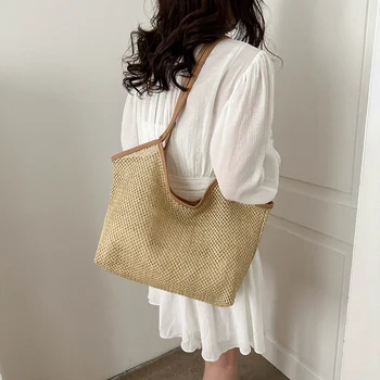 Летняя плетеная из соломы сумка через плечо, женские сумки большой емкости, однотонная легкая пляжная сумка-тоут, хозяйственная сумка