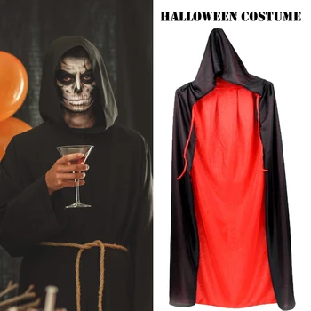 Макияж на Хэллоуин, костюм Унисекс с длинным капюшоном, Ведьма, Мрачный Жнец, Красно-Черная мантия для детской вечеринки для взрослых