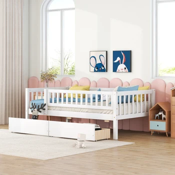 Минималистичная двухразмерная кушетка, деревянная кровать с двумя выдвижными ящиками, защитный барьер, подходит для спален, детских комнат, белый