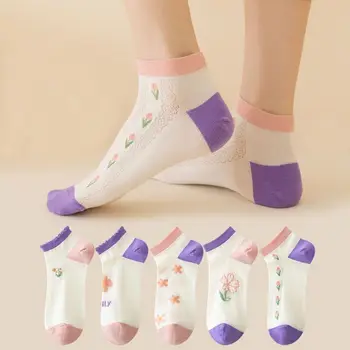 Модные женские летние носки для передней части стопы, Тонкие хлопковые спортивные носки, Носки для лодыжек с цветами, Тонкие дышащие мультяшные повседневные сетчатые носки-лодочки