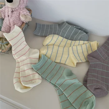 Носки средней длины в полоску с загнутыми краями цвета Morandi на осень-зиму, Корейские простые Мягкие женские носки в стиле колледжа, повседневные носки