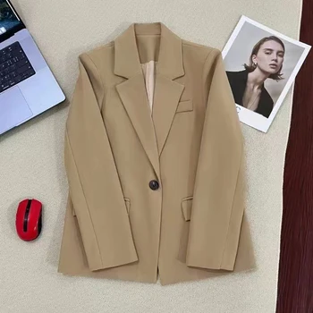 Осенние Новые Офисные Блейзеры и куртки для женщин 2023, простой костюм с длинным рукавом и одной пуговицей, пальто, Женский Корейский Свободный Блейзер, пальто