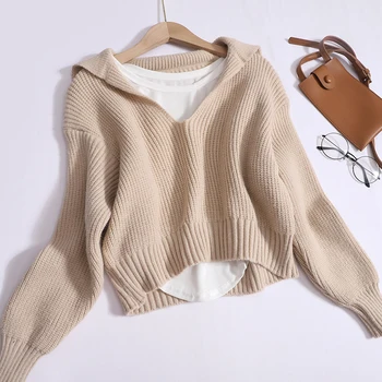 Осенний пуловер, комплект из двух предметов, женский свитер с матросским воротником, топы, французский повседневный модный однотонный трикотаж с длинными рукавами