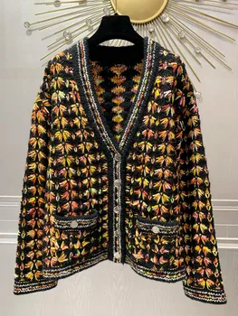 Осень/Зима 2023, Новый Жаккардовый Контрастный свитер с V-образным вырезом и двойным карманом, Кардиган, женское пальто