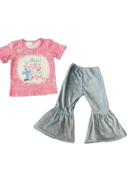 Пасхальный бутик Одежды для мальчиков и девочек, Летний костюм с короткими рукавами, Бархатный материал, Розовые небесно-голубые расклешенные брюки с короткими рукавами