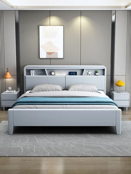 Скандинавская белая кровать из массива дерева, двуспальная кровать 1,8 м с ночником, современная и простая экономичная кровать для хранения ящиков высотой 1,5 м
