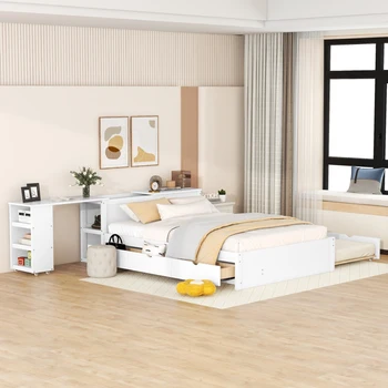 Современная многофункциональная полноразмерная кровать-платформа с выдвижной полкой, из высококачественного материала, удобная для спальни, белая