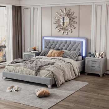 Спальные гарнитуры, спальные гарнитуры из 3 предметов, включают элегантную кровать-платформу с мягкой обивкой размера 