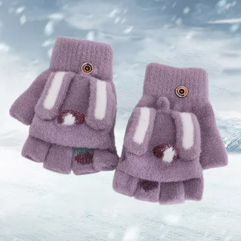Теплая Зимняя Уличная Варежка для малышей, вязаная на полпальца, Милый Длинноухий Кролик, детские Перчатки для девочек