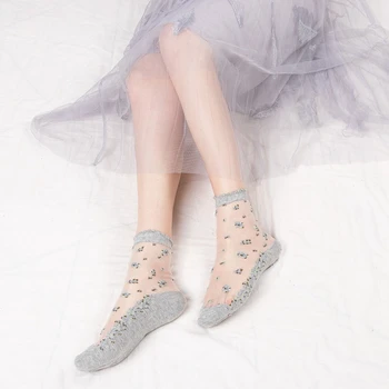 Ультратонкие прозрачные шелковые носки с кристаллами, женские модные летние носки Harajuku Crew, Винтажная уличная одежда с цветами, эластичные длинные носки