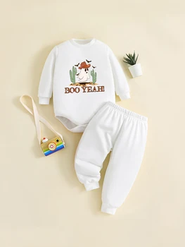 Хэллоуин Для новорожденных мальчиков, осенний модный принт, интересный топ с призраком, рукав + для брюк, одежда для малышей 0-36 м