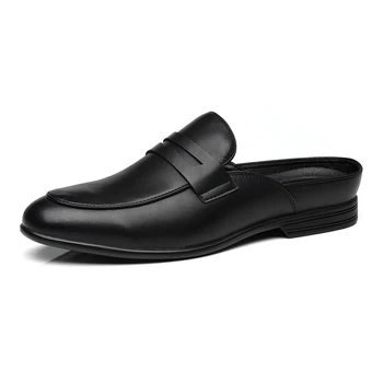 Черные мужские полуботинки из 100% натуральной кожи, мужская обувь, мюли, повседневная дизайнерская обувь, Модные лоферы, Роскошные черные тапочки 2023 года.