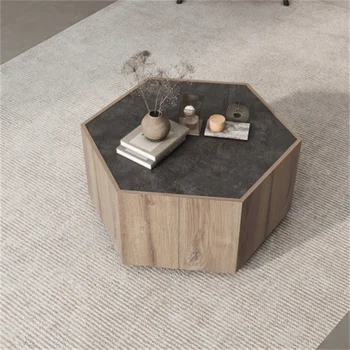 Шестиугольный журнальный столик в стиле Ретро в загородном стиле с 2 ящиками из текстурированного дуба, прочный, простой в сборке Для мебели для гостиной